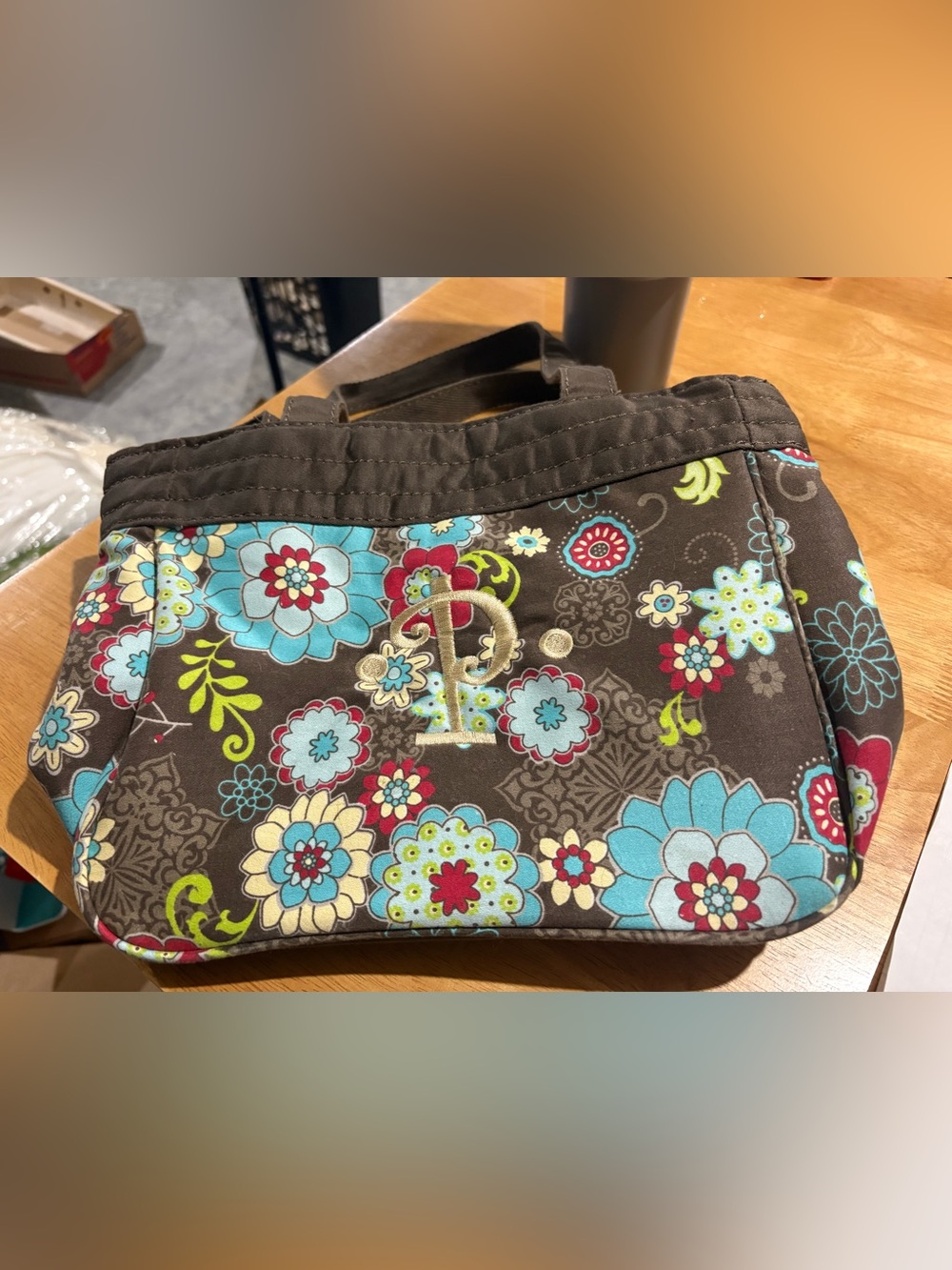 Thirty-One Floral Embroidered Tote Bag with Monogrammed 'P' - Brown & Blue